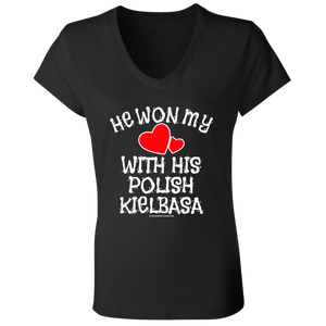 He Won My Heart With His Polish Kielbasa - B6005 Ladies' Jersey V-Neck T-Shirt / Black / S - Polish Shirt Store