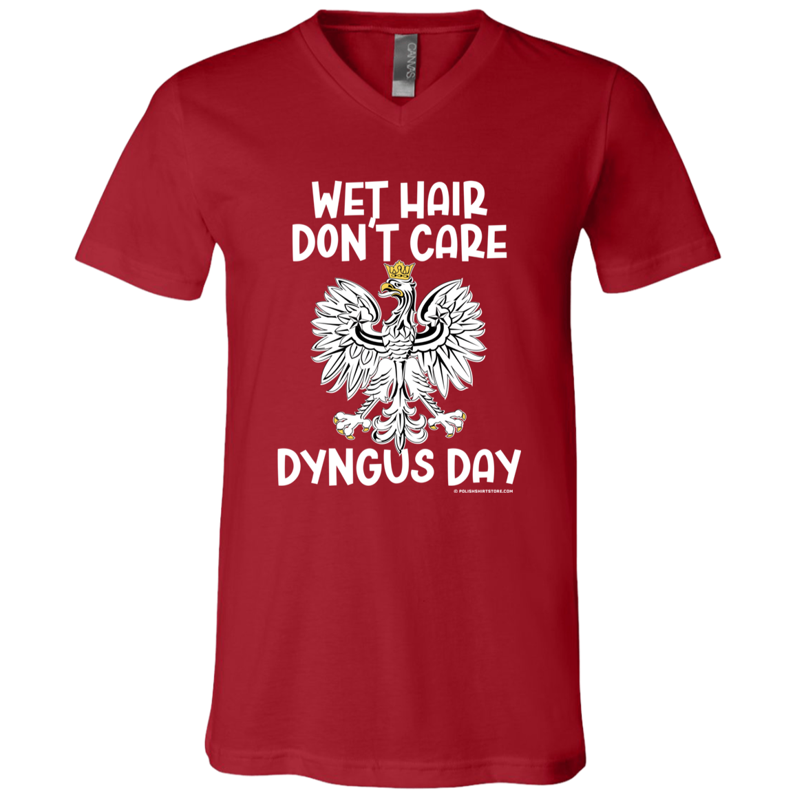 Wet Hair Don't Care Dyngus Day Apparel CustomCat 3005 Unisex Jersey SS V-Neck T-Shirt Canvas Red X-Small