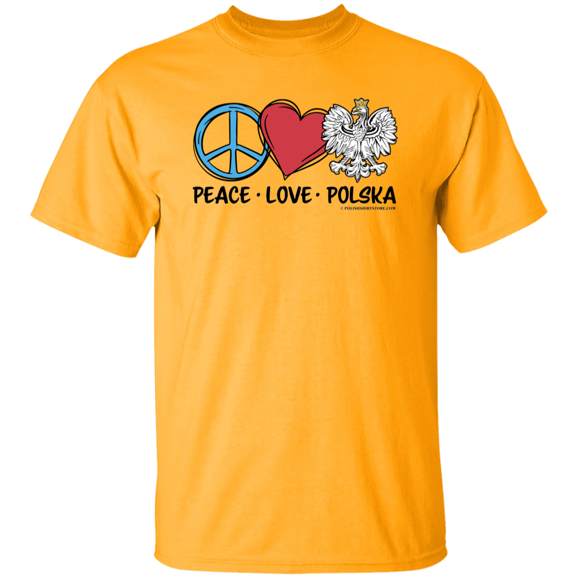 Peace Love Polska T-Shirts CustomCat Gold S 
