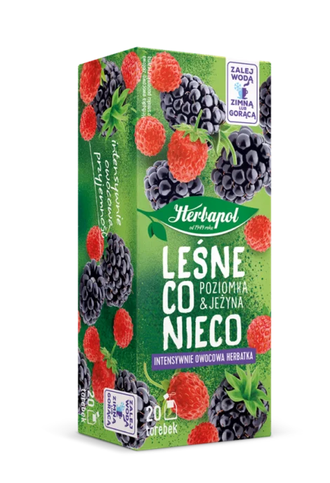 HERBAPOL INTENSYWNA - LESNE CO NIECO / Forest mix tea 40g features a vibrant box with raspberries and blackberries. This herbal fruit tea includes 20 bags and is ideal for preparing with hot or cold water.