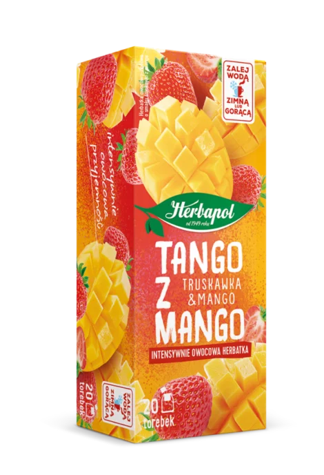 Herbapol Intensywna – Tango z Mango / Mango Tea 40 g features vibrant packaging with strawberries and mangoes. This tropical fruit and herbal tea includes 20 flavorful tea bags inside.