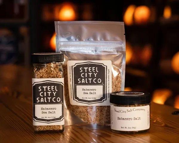 Three containers of Habanero Sea Salt—a jar, a resealable pouch, and a small jar—are arranged on wood, showcasing this spicy salt amid a softly blurred, warmly lit background.