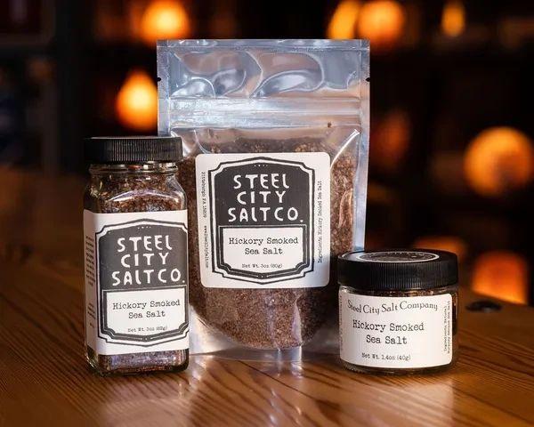Three containers of Hickory Smoked Sea Salt—one jar, one resealable pouch, and one small tub—rest on a wooden surface with warm, blurred lights in the background, highlighting this premium smoked sea salt.