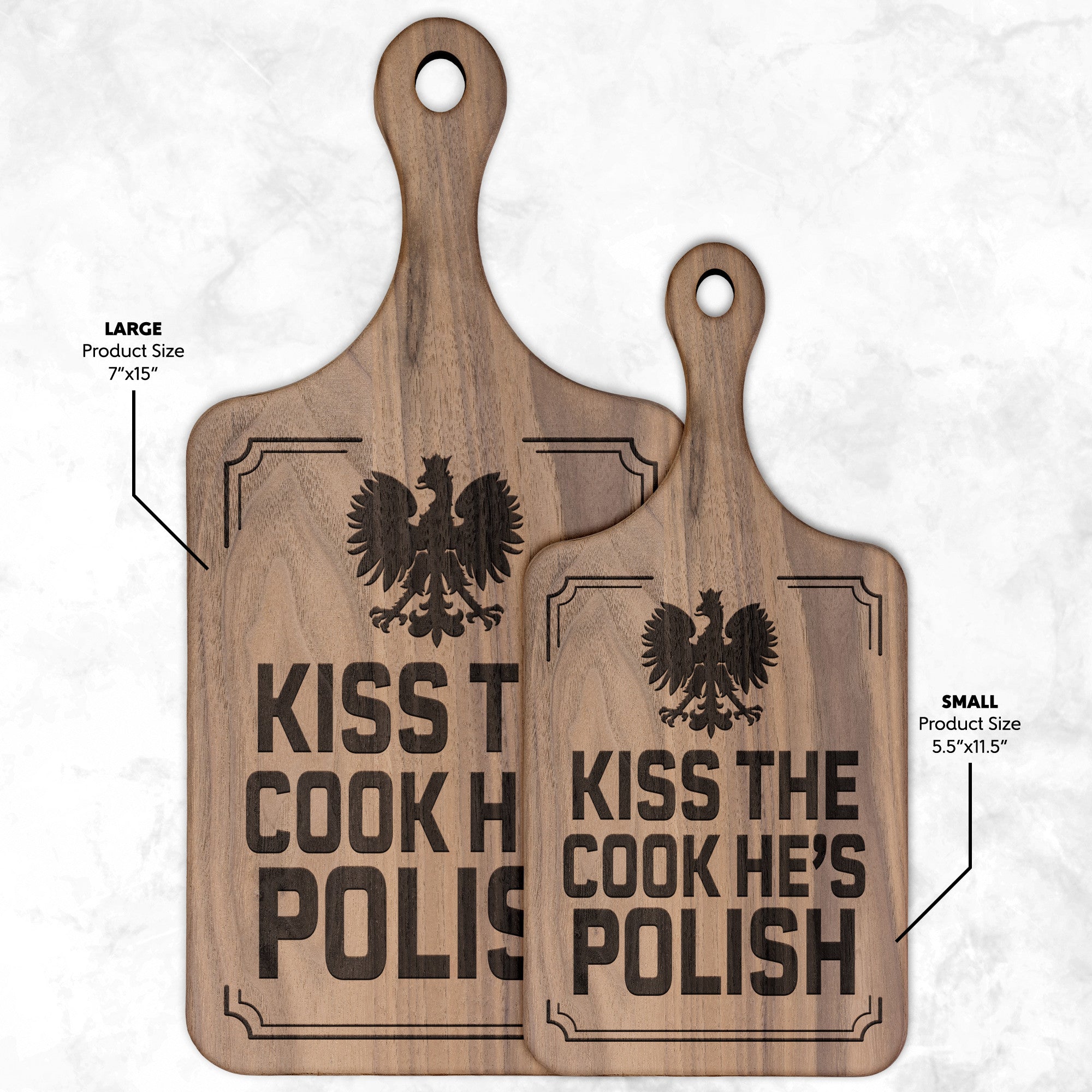 Kiss The Cook He's Polish Hardwood Paddle Cutting Board Kitchenware teelaunch Small Walnut 