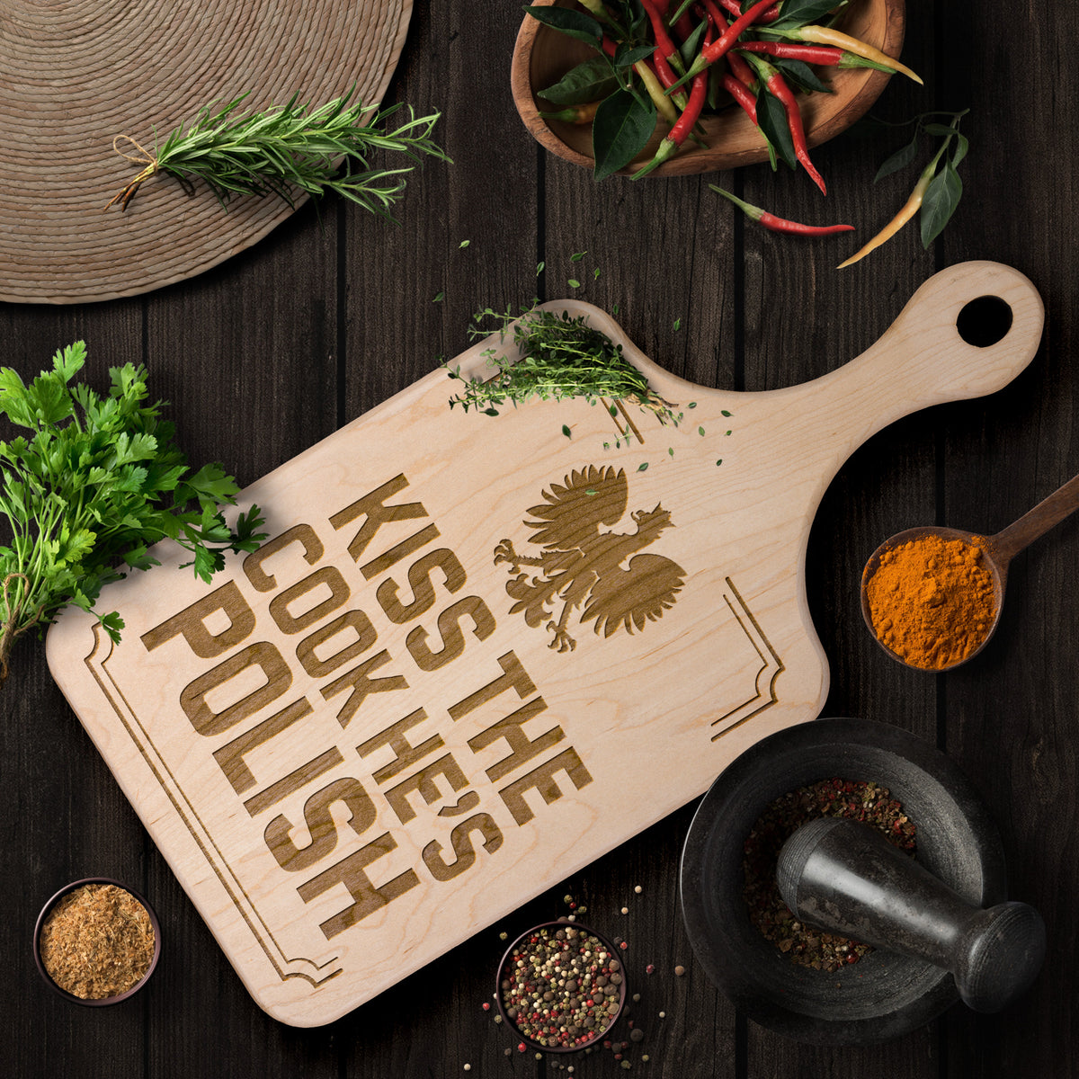 Kiss The Cook He&#39;s Polish Hardwood Paddle Cutting Board Kitchenware teelaunch   