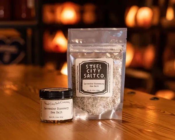 A small glass jar and a resealable plastic bag of Lavender-Rosemary Sea Salt rest on a wooden surface, with softly lit shelves and salt lamps blurred in the background.