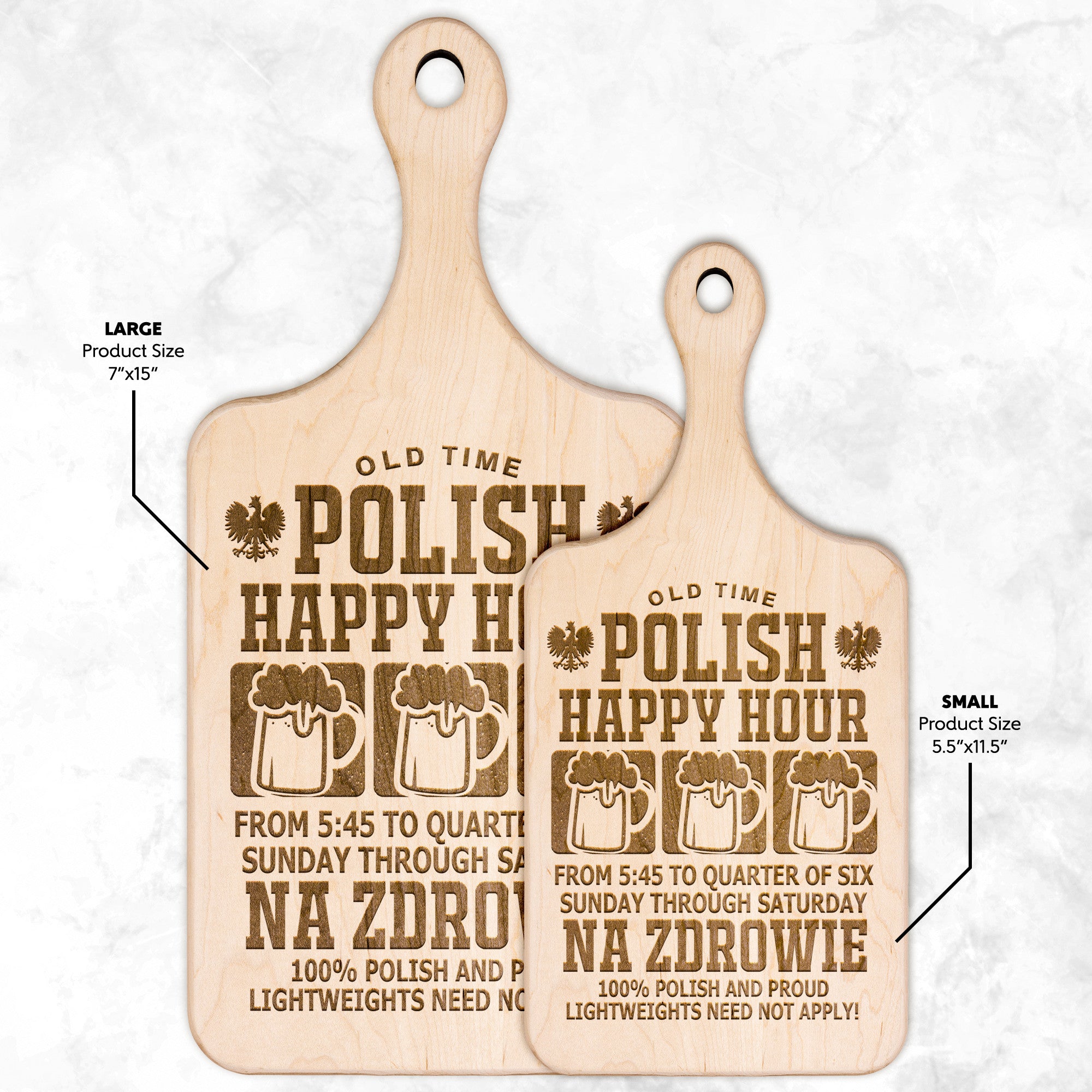 Old Time Polish Happy Hour Hardwood Paddle Cutting Board Kitchenware teelaunch Small Maple 