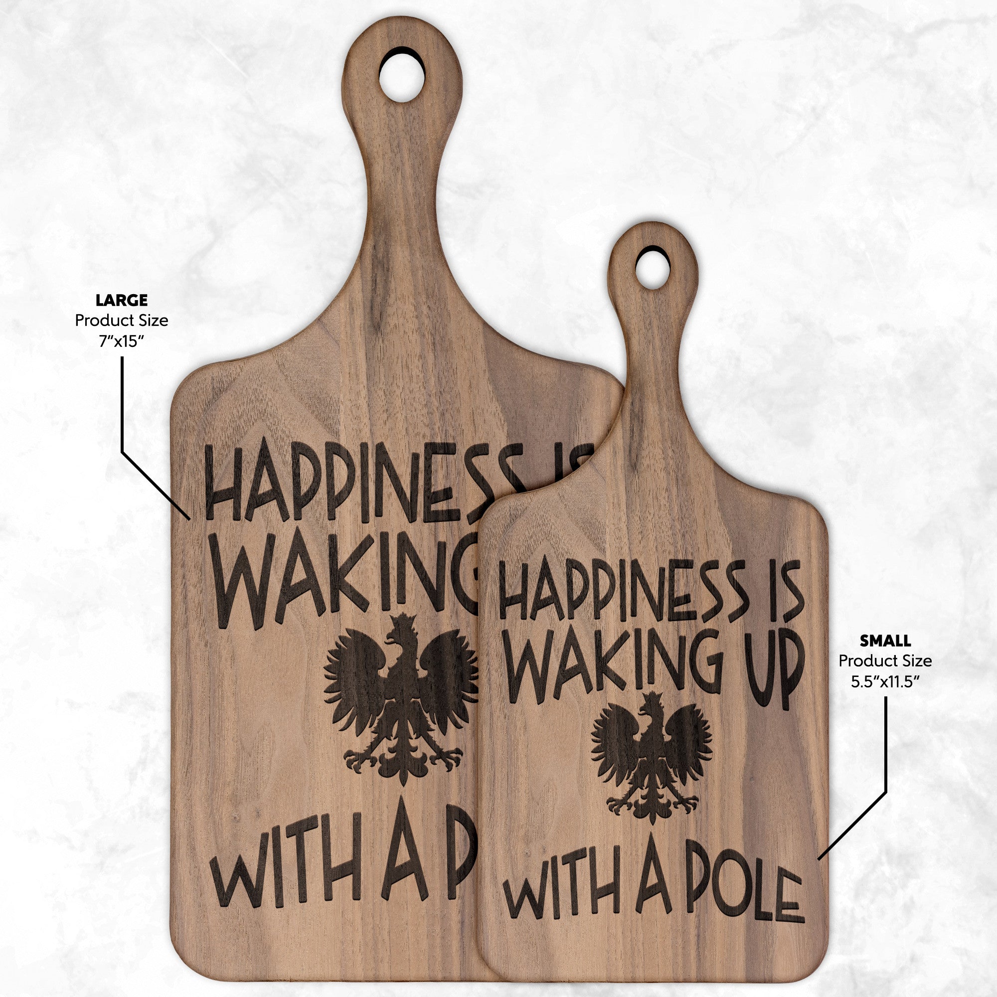 Polish Happiness Hardwood Paddle Cutting Board Kitchenware teelaunch Small Walnut 