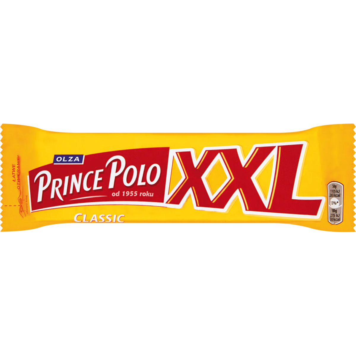 A yellow and red wrapper for the Prince Polo CLASSIC XXL 50g Polish chocolate bar, featuring bold text and a small Olza logo in the top left corner.