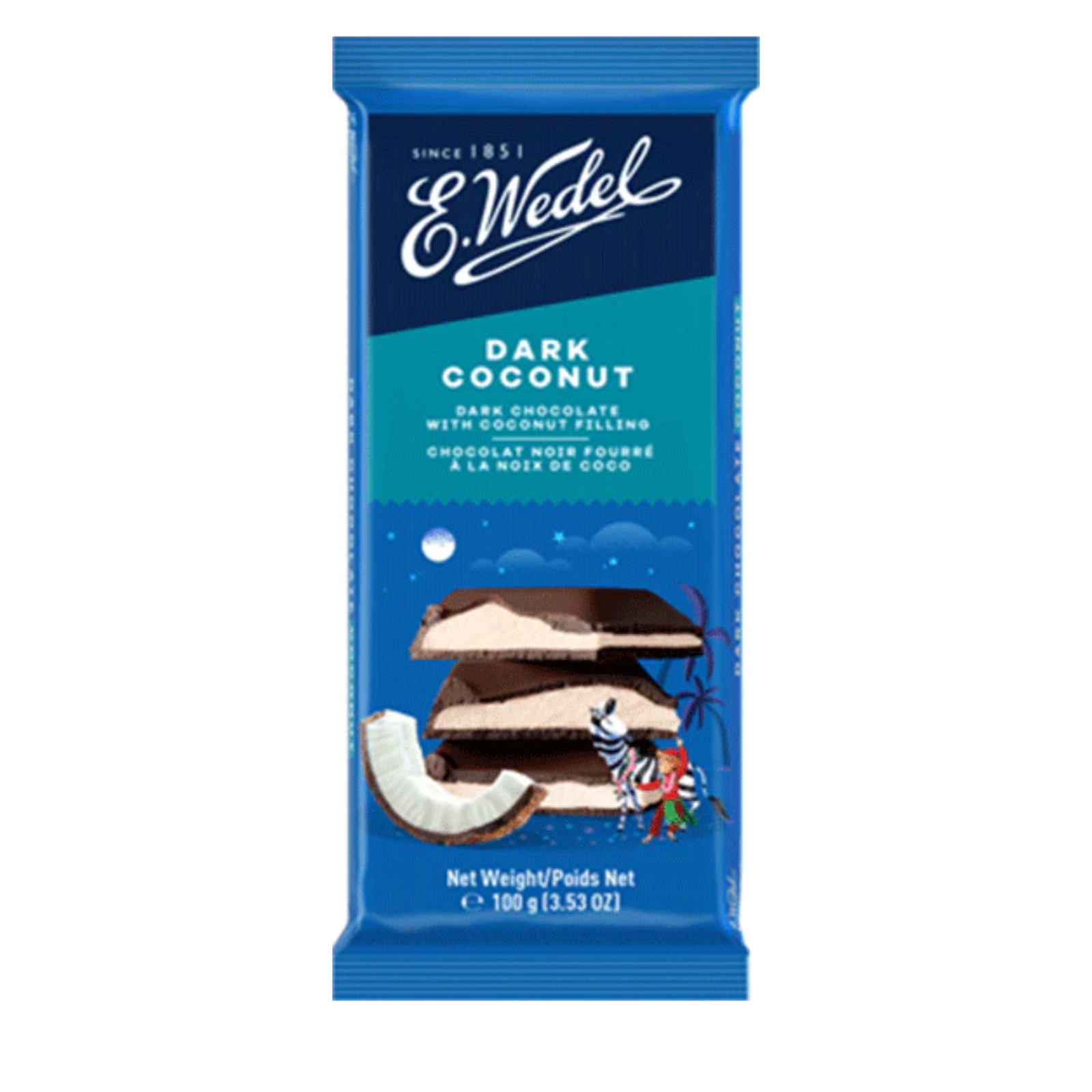 A blue package of Wedel Dark-Coconut Chocolate (Kokosowa) 100g, a classic Polish chocolate bar with dark chocolate squares filled with white coconut cream and coconut pieces.