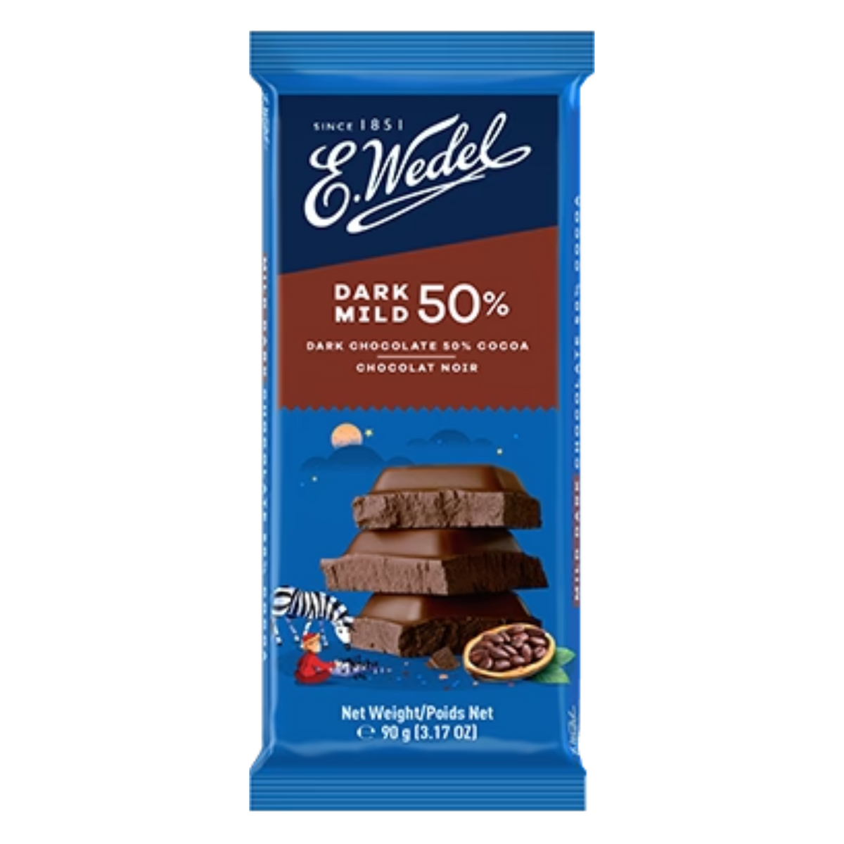 A blue wrapper of Wedel Dark Mild Chocolate 50% (Gorzka) 90g displays stacked chocolate pieces, a cocoa pod, and brand details. This Polish dark chocolate bar weighs 90g (3.17 oz).