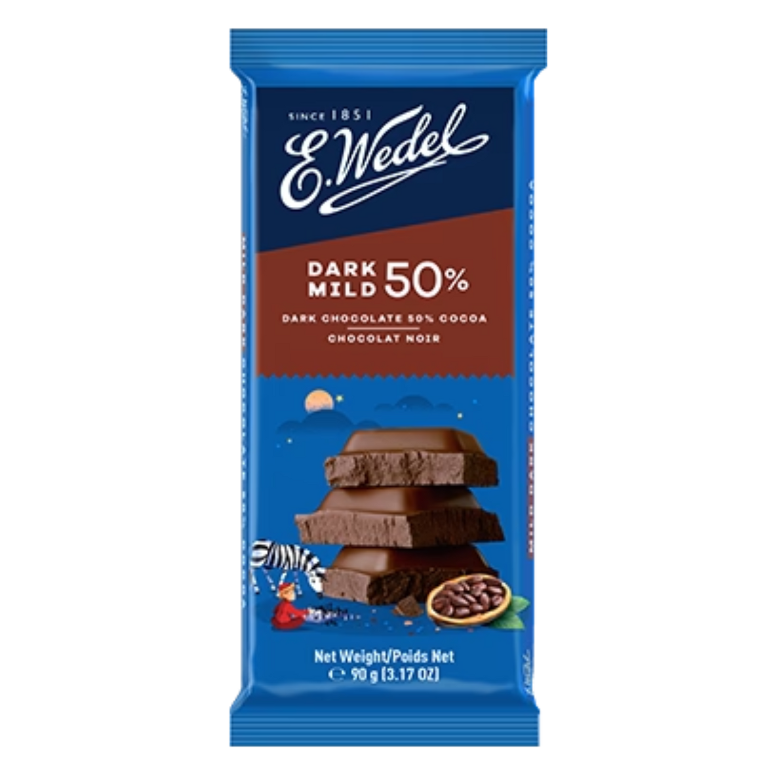 A blue wrapper of Wedel Dark Mild Chocolate 50% (Gorzka) 90g displays stacked chocolate pieces, a cocoa pod, and brand details. This Polish dark chocolate bar weighs 90g (3.17 oz).