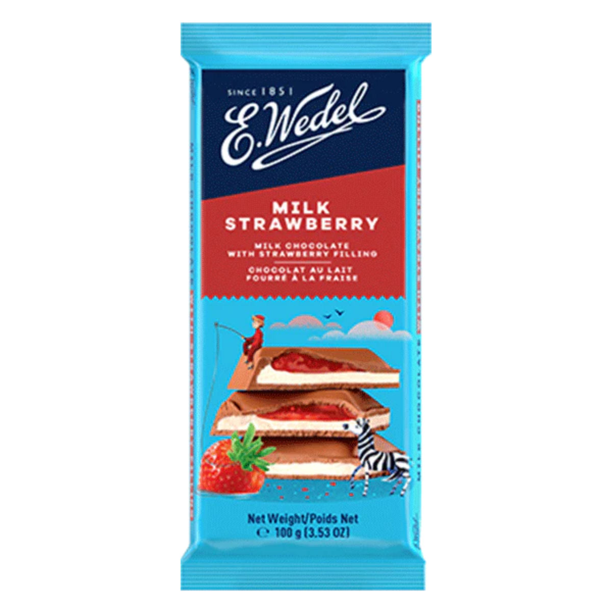 The Wedel Milk-Strawberry Chocolate (Truskawkowa) 100g bar features a blue and red wrapper with “Milk Strawberry,” playful zebra and woman graphics, and tempting chocolate squares with strawberry filling—a delightful European treat.
