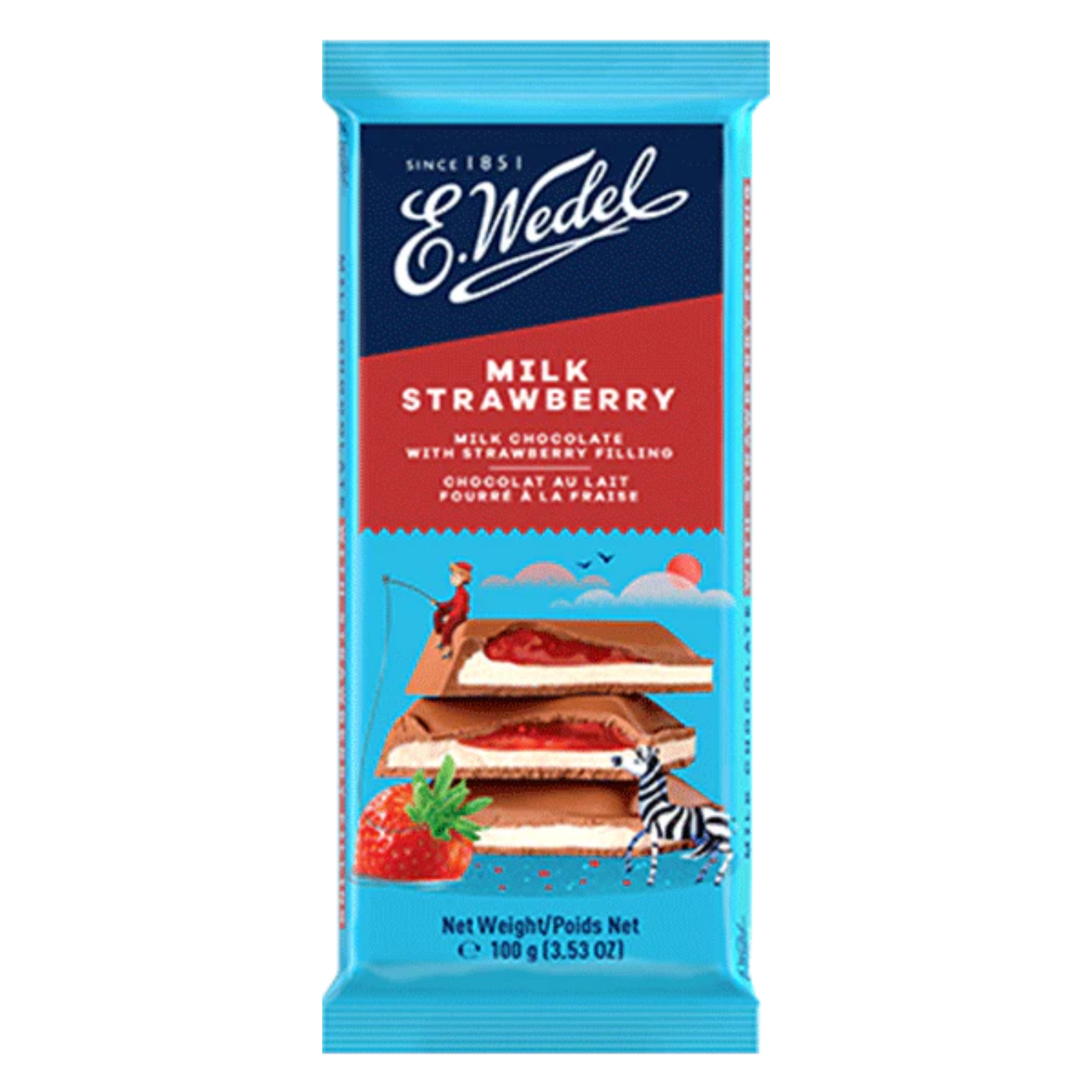 The Wedel Milk-Strawberry Chocolate (Truskawkowa) 100g bar features a blue and red wrapper with “Milk Strawberry,” playful zebra and woman graphics, and tempting chocolate squares with strawberry filling—a delightful European treat.