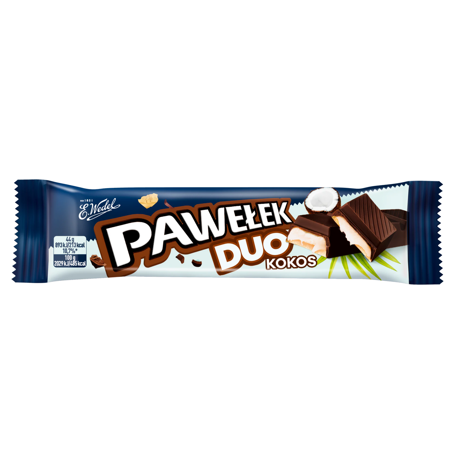 A Wedel Pawelek Duo Kokos 44 g chocolate bar with dark blue and white packaging, filled with coconut cream and pieces, showcasing its rich coconut flavor.