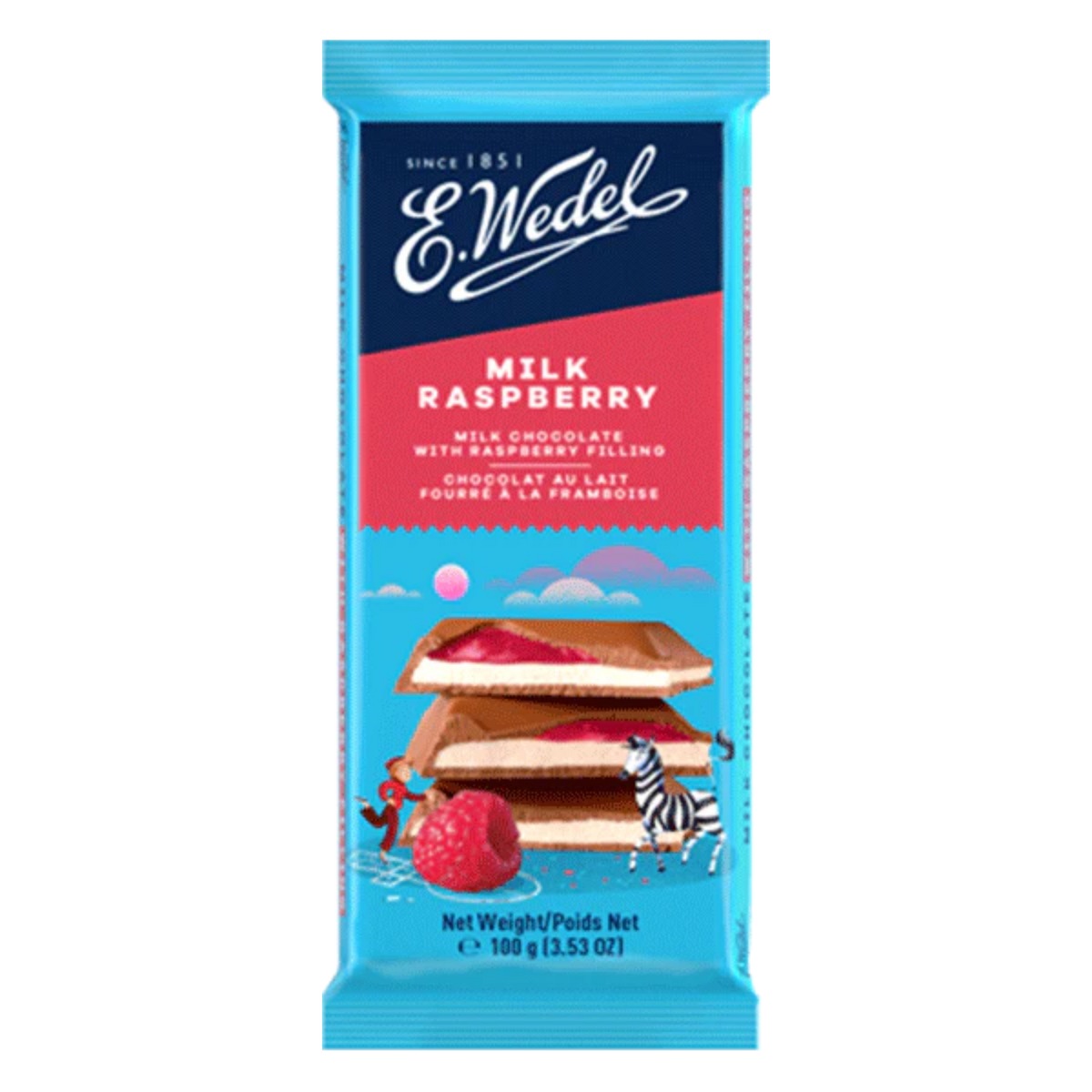 The Wedel Milk-Raspberry Chocolate (Malinowa) 100g bar features a blue wrapper with raspberry-filled chocolate squares, raspberries, and cartoon animals like a zebra and penguin, showcasing this classic Polish chocolate.