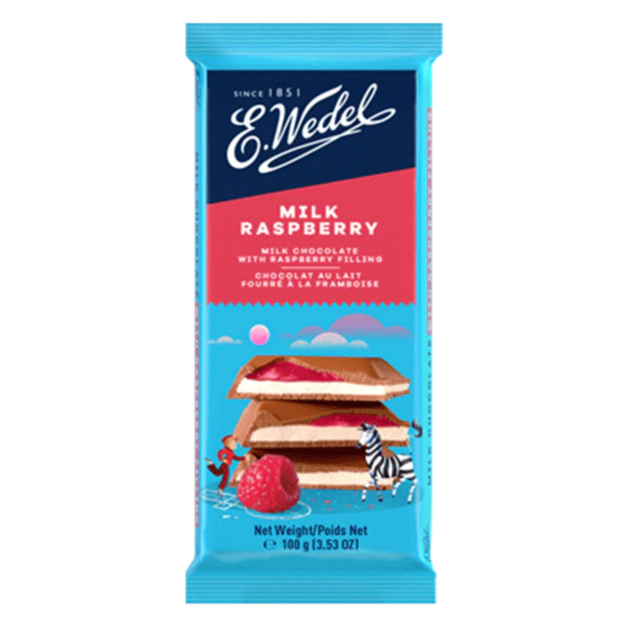 The Wedel Milk-Raspberry Chocolate (Malinowa) 100g bar features a blue wrapper with raspberry-filled chocolate squares, raspberries, and cartoon animals like a zebra and penguin, showcasing this classic Polish chocolate.