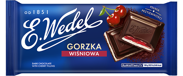 The wrapper for Wedel Dark Chocolate with Cherry Filling 100 g features chocolate squares and cherries on a blue background, with both Polish and English text displayed.