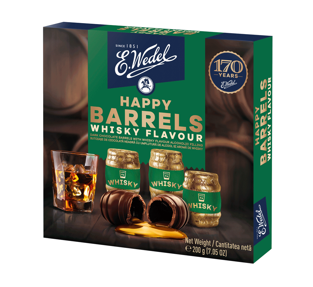 A box of Wedel Happy Barrels Whiskey 200g is shown, featuring barrel-shaped alcoholic chocolate candies, a whisky glass with ice, and gold 170th anniversary accents—an ideal chocolate gift.