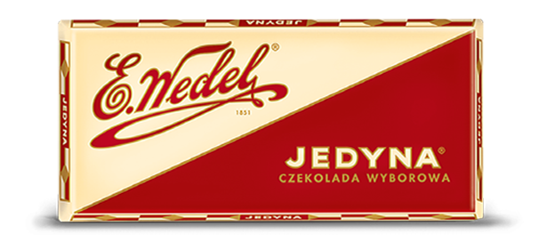 A classic treat, Wedel Jedyna Chocolate 100g comes in red, cream, and gold rectangular packaging featuring decorative script, geometric design, and labels &quot;E. Wedel&quot; and &quot;Jedyna Czekolada Wyborowa.