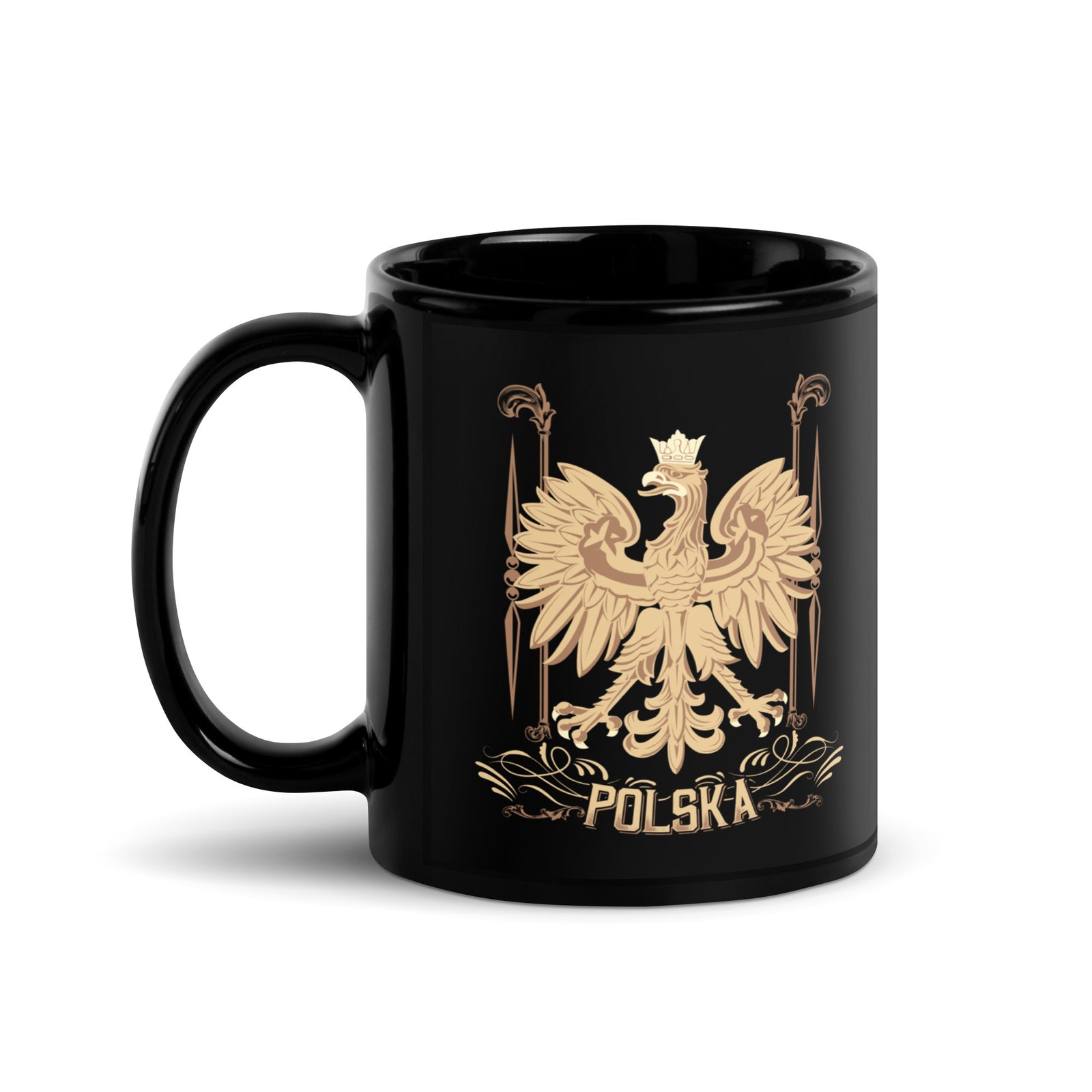 Polska Polish Gold Eagle Black Glossy Mug  Polish Shirt Store 11 oz  