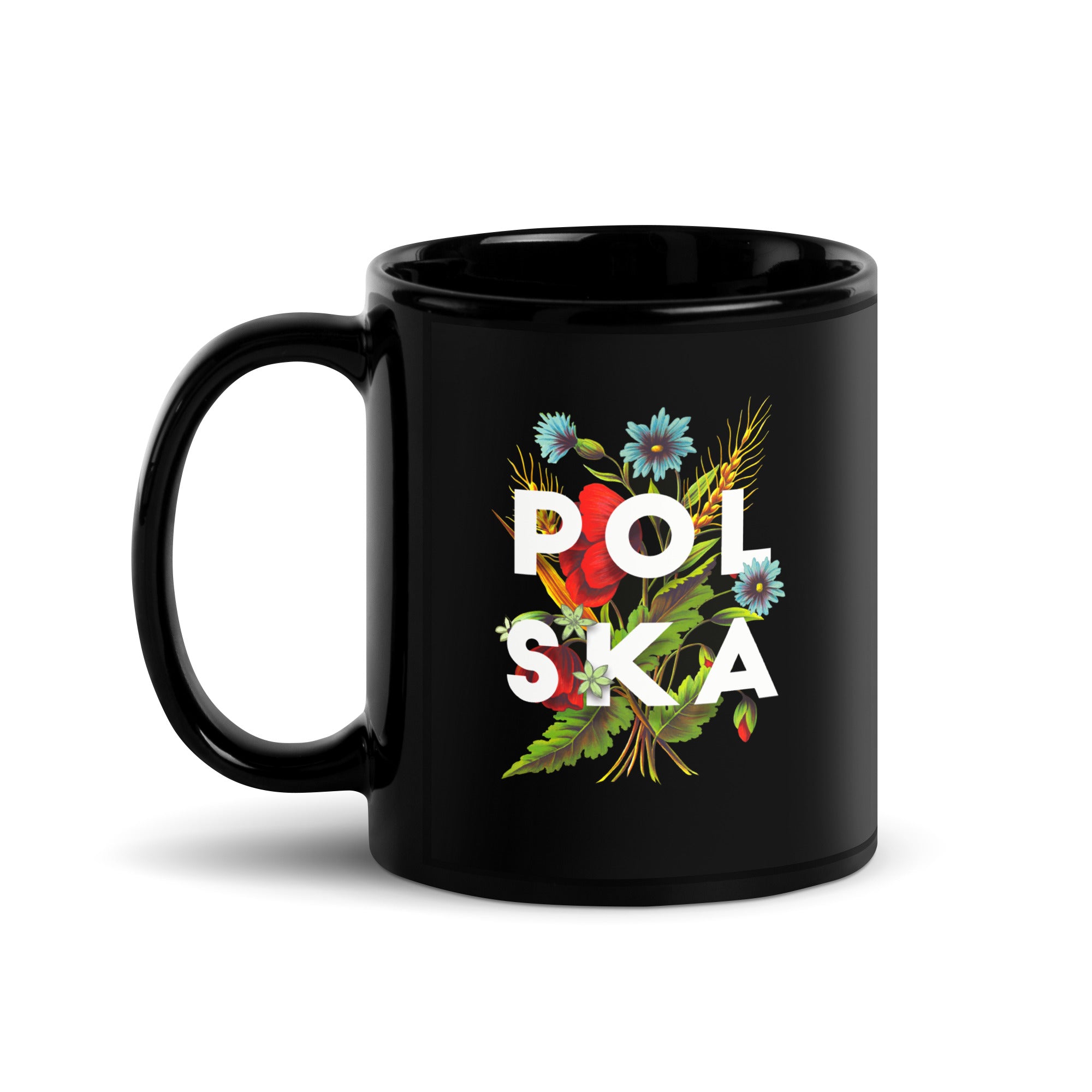 Polska Polish Flowers Black Glossy Mug  Polish Shirt Store 11 oz  