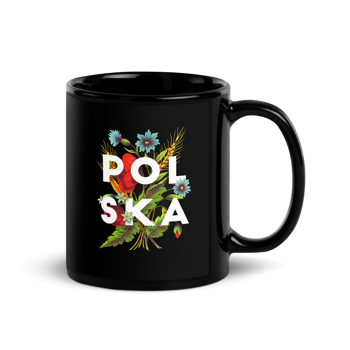 Polska Polish Flowers Black Glossy Mug  Polish Shirt Store   