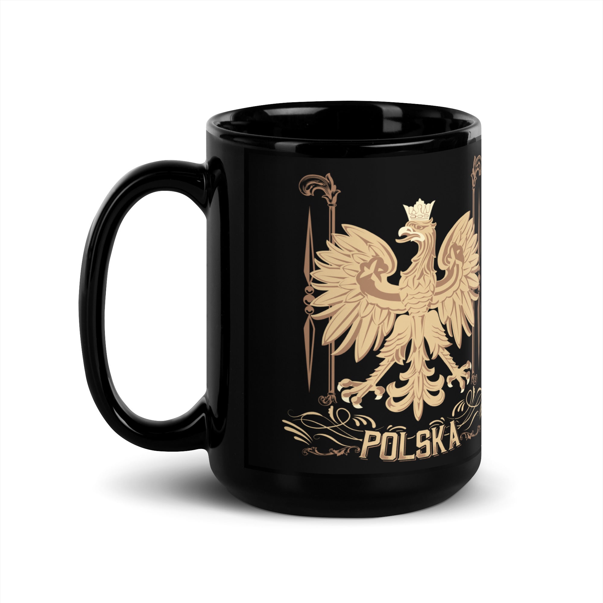 Polska Polish Gold Eagle Black Glossy Mug  Polish Shirt Store 15 oz  