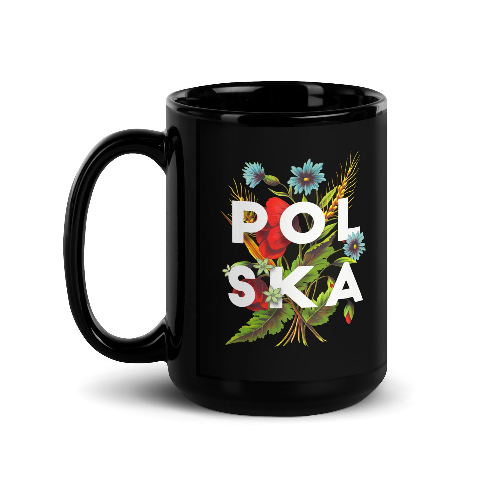 Polska Polish Flowers Black Glossy Mug  Polish Shirt Store 15 oz  