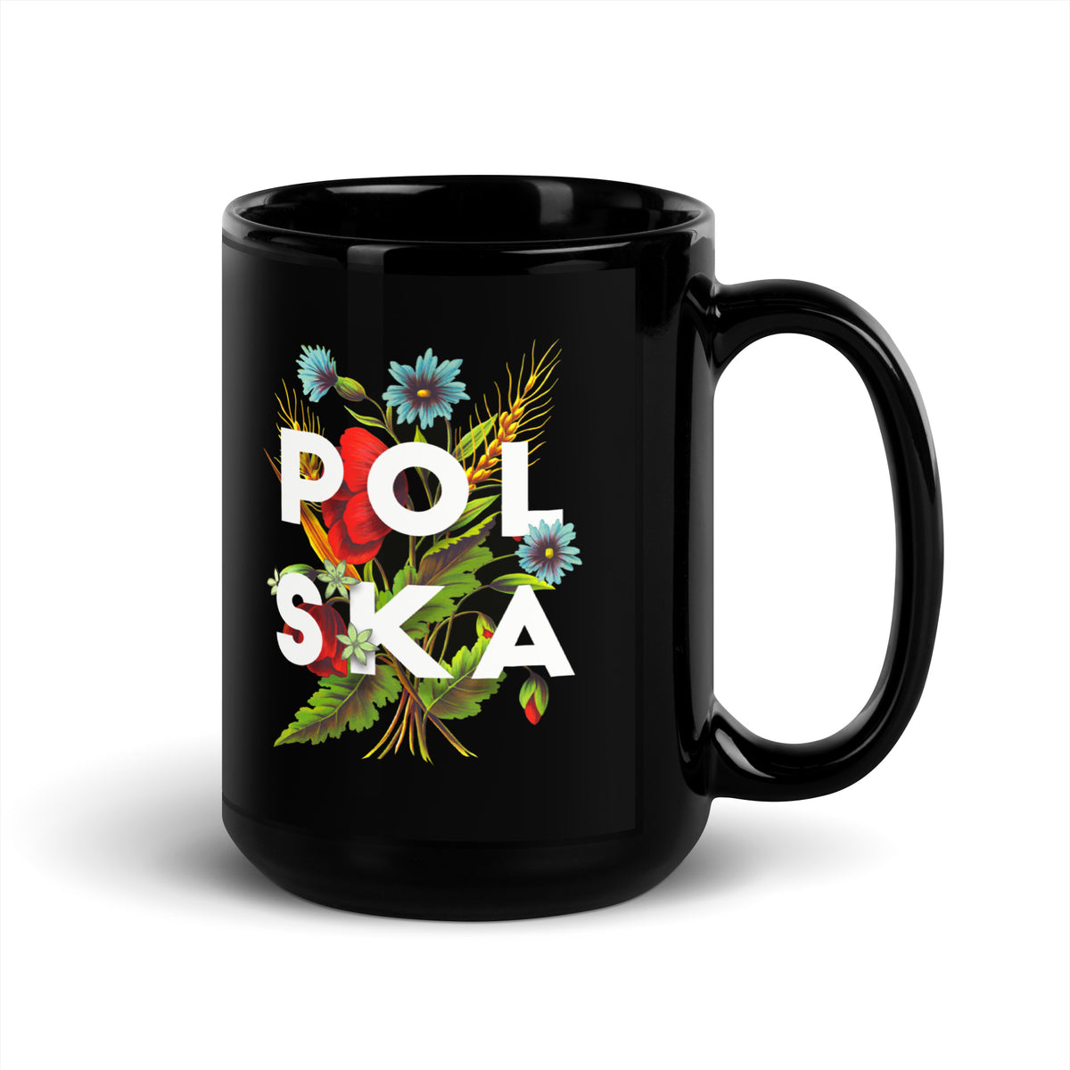 Polska Polish Flowers Black Glossy Mug  Polish Shirt Store   