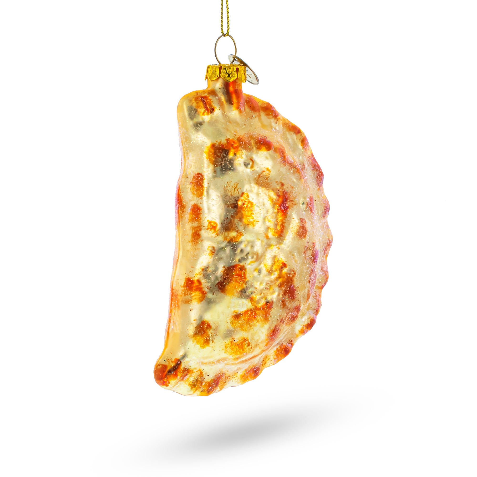 The Dumpling Pierogi Glass Christmas Ornament features a golden brown, baked dumpling design with textured details and a metallic cap with hanging string—perfect for holiday decorations.