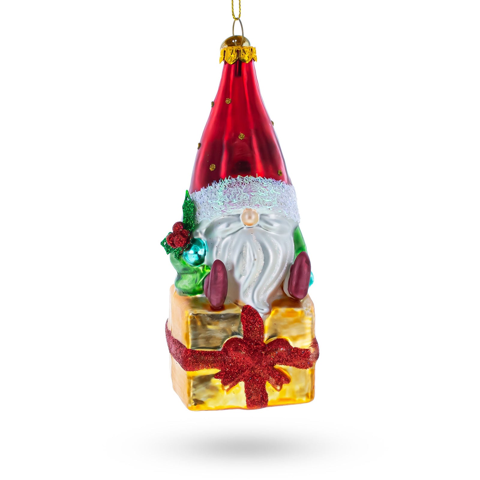 Gnome Bearing Gifts Glass Christmas Ornament