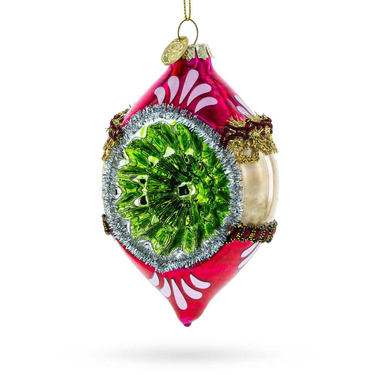 The Retro Reflection Pink Glass Christmas Ornament has a vintage-inspired pointed oval shape, pink glass, silver tinsel trim, gold accents, and hangs from a gold loop for festive charm.