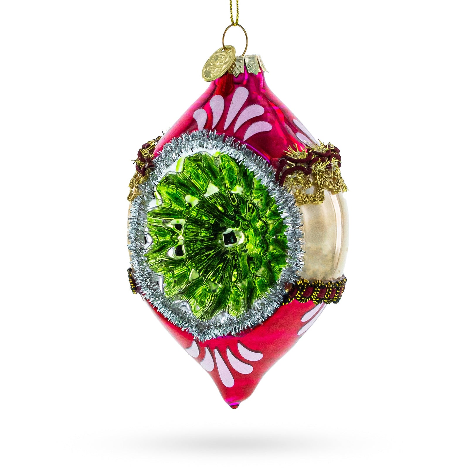 The Retro Reflection Pink Glass Christmas Ornament has a vintage-inspired pointed oval shape, pink glass, silver tinsel trim, gold accents, and hangs from a gold loop for festive charm.