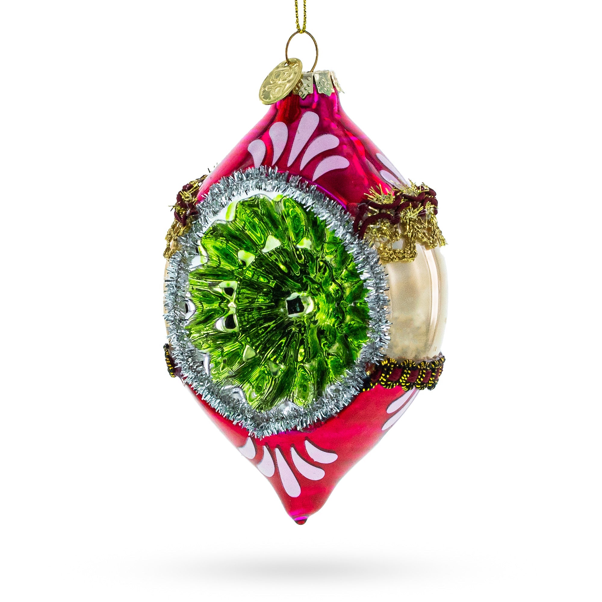 The Retro Reflection Pink Glass Christmas Ornament has a vintage-inspired pointed oval shape, pink glass, silver tinsel trim, gold accents, and hangs from a gold loop for festive charm.