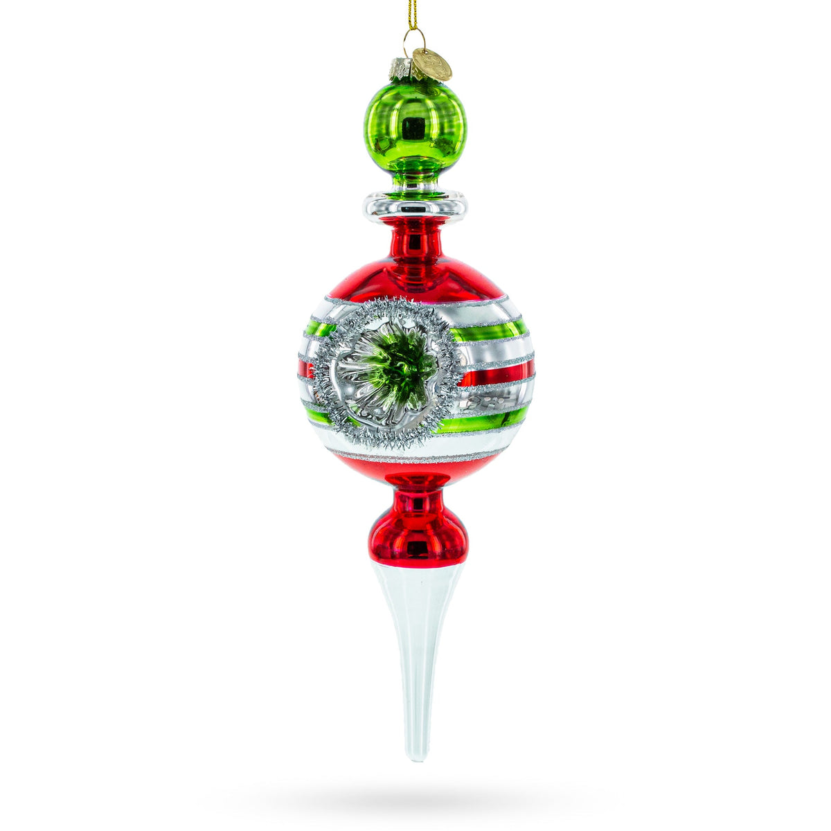 The Vintage Multicolored Finial Retro-Inspired Glass Christmas Ornament features red, green, white, and silver stripes, shiny tinsel detailing, a pointed bottom, and hangs from a thin gold string.