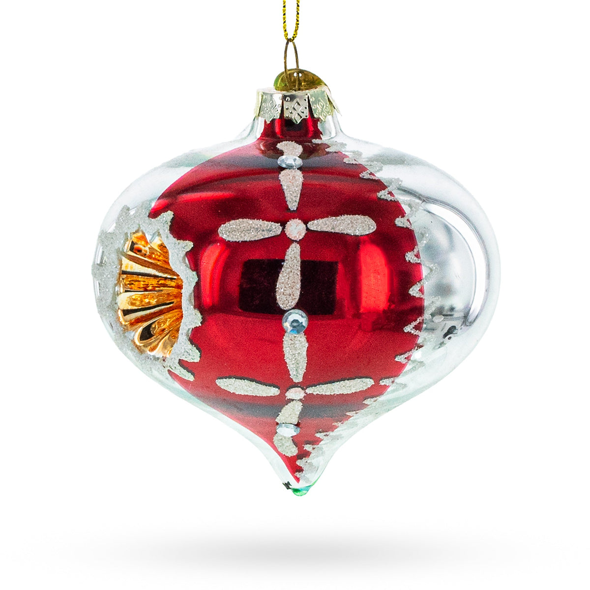 The Retro Red Onion Vintage-Inspired Glass Christmas Ornament, with red and silver hues, white glittery details, and a golden indented center, hangs by a thin string against a white background.