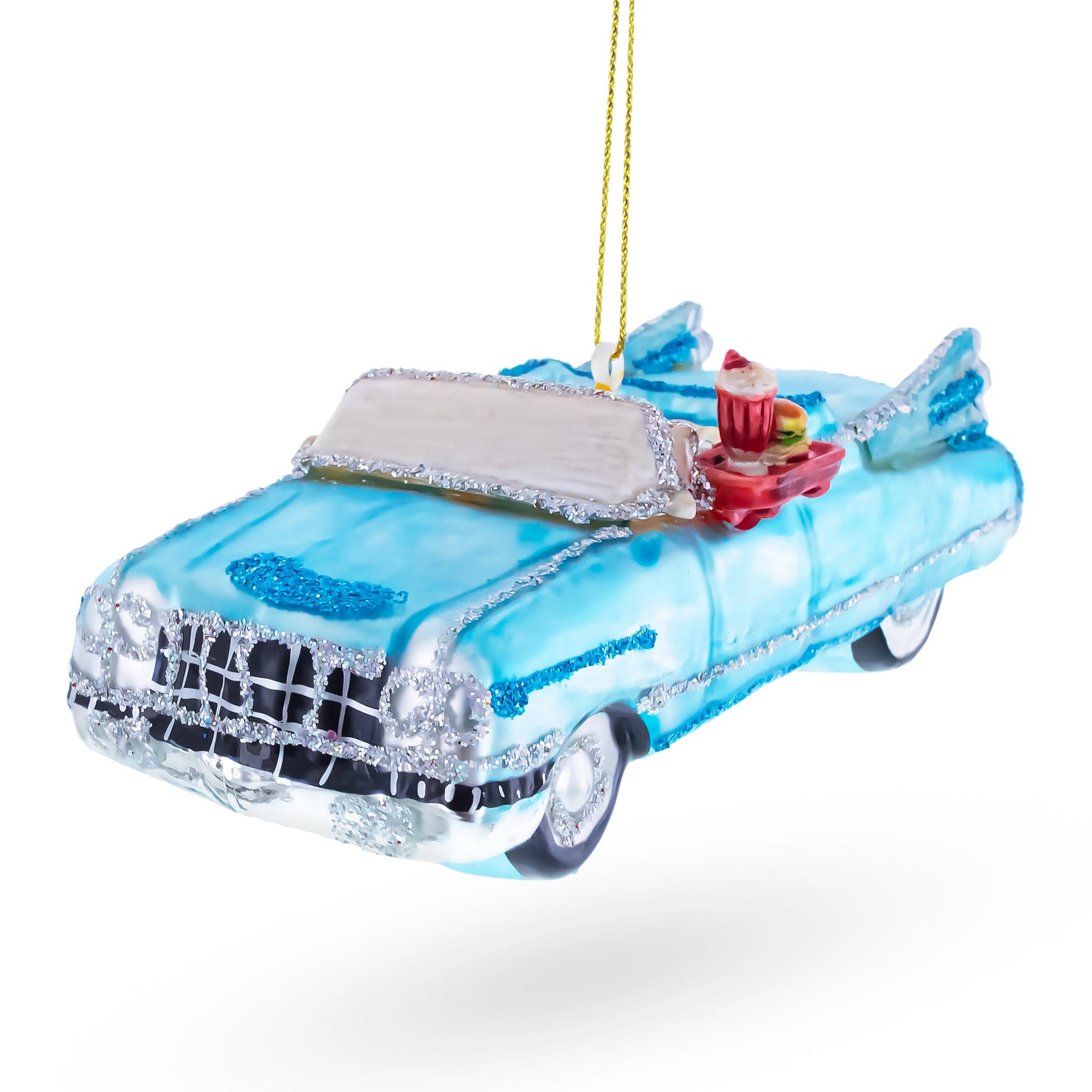 The Classic Convertible Blue Retro Car Glass Christmas Ornament features a vintage blue car with sparkly details, a white windshield, and a side tray of food, hanging by a yellow string against a white background.