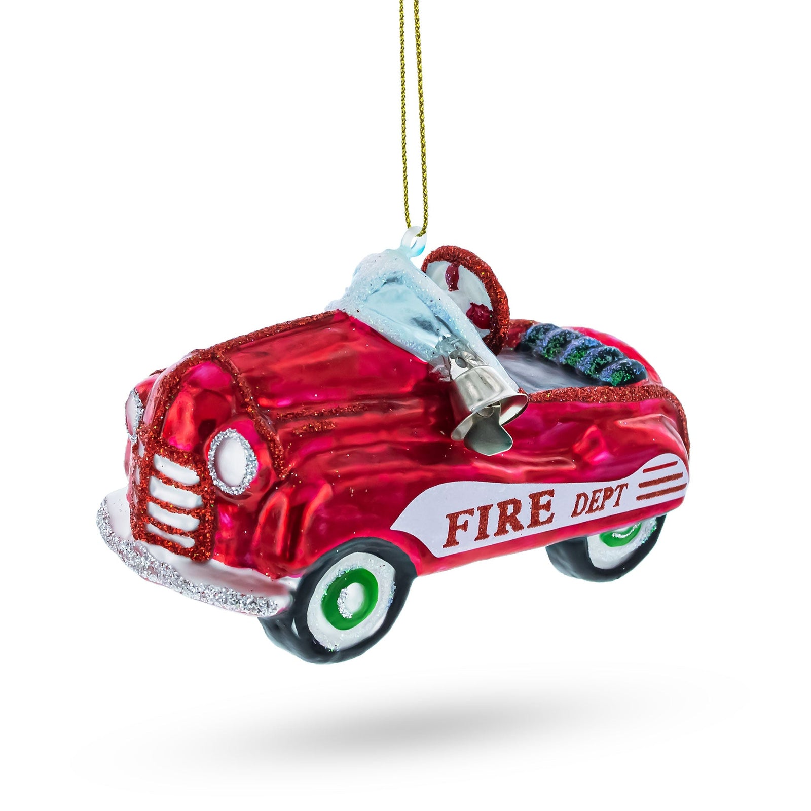 The Retro Toy Car Glass Christmas Ornament features a shiny red blown glass fire truck with green and white wheels, a silver bell, "FIRE DEPT" on the side, and hangs from a gold string—a delightful collectible for holiday décor.