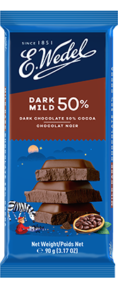 The Wedel Dark Mild Chocolate 50% (Gorzka) 90g wrapper shows stacked chocolate pieces, a zebra, cocoa beans, and a nighttime landscape with a crescent moon and stars. Net weight: 90g (3.17 oz).