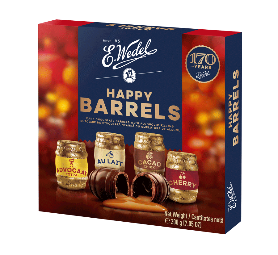 Wedel Happy Barrels Classic 200g features four creamy liqueur flavors—Advocaat, Au Lait, Cacao Choc, and Cherry—in chocolate barrels, making it a perfect adult gift that celebrates 170 years of Wedel tradition.