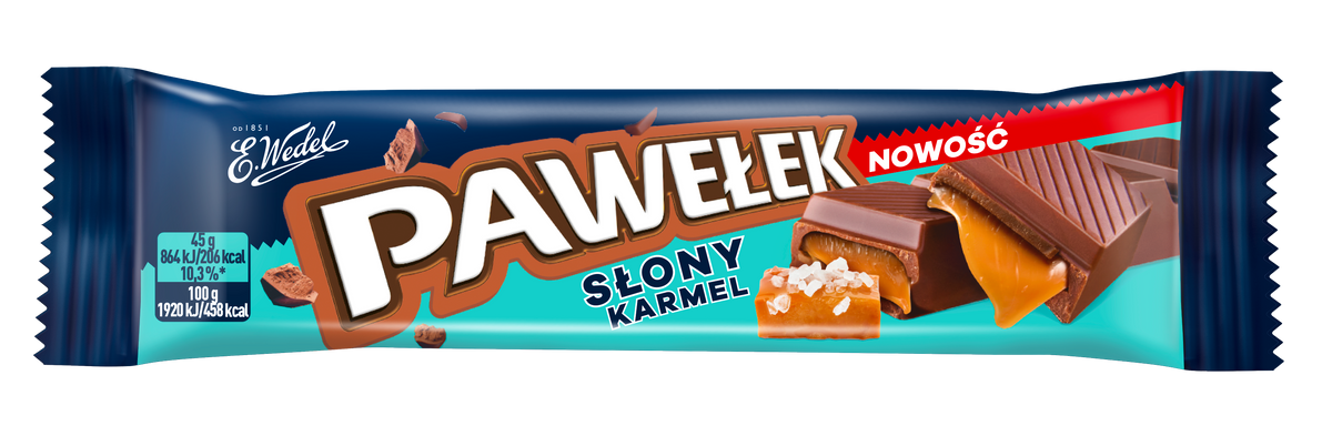 The Wedel Pawelek Slony Carmel 45g chocolate bar wrapper has blue and brown packaging with Polish text, shows caramel pieces and a chocolate square, and features nutritional information.