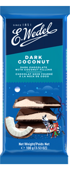 A blue Wedel Dark-Coconut Chocolate (Kokosowa) 100g wrapper shows dark chocolate with coconut filling, a coconut half, and cartoon animals with a person at the bottom. Net weight: 100g (3.53 oz).