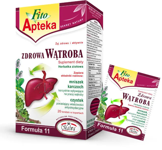 Box and sachet of MALWA Fito Apteka Healthy Liver Zdrowa Watroba 20 Tea bags, a herbal tea for liver support, with Polish packaging showing a liver, artichoke, and herbs. Text is in Polish.