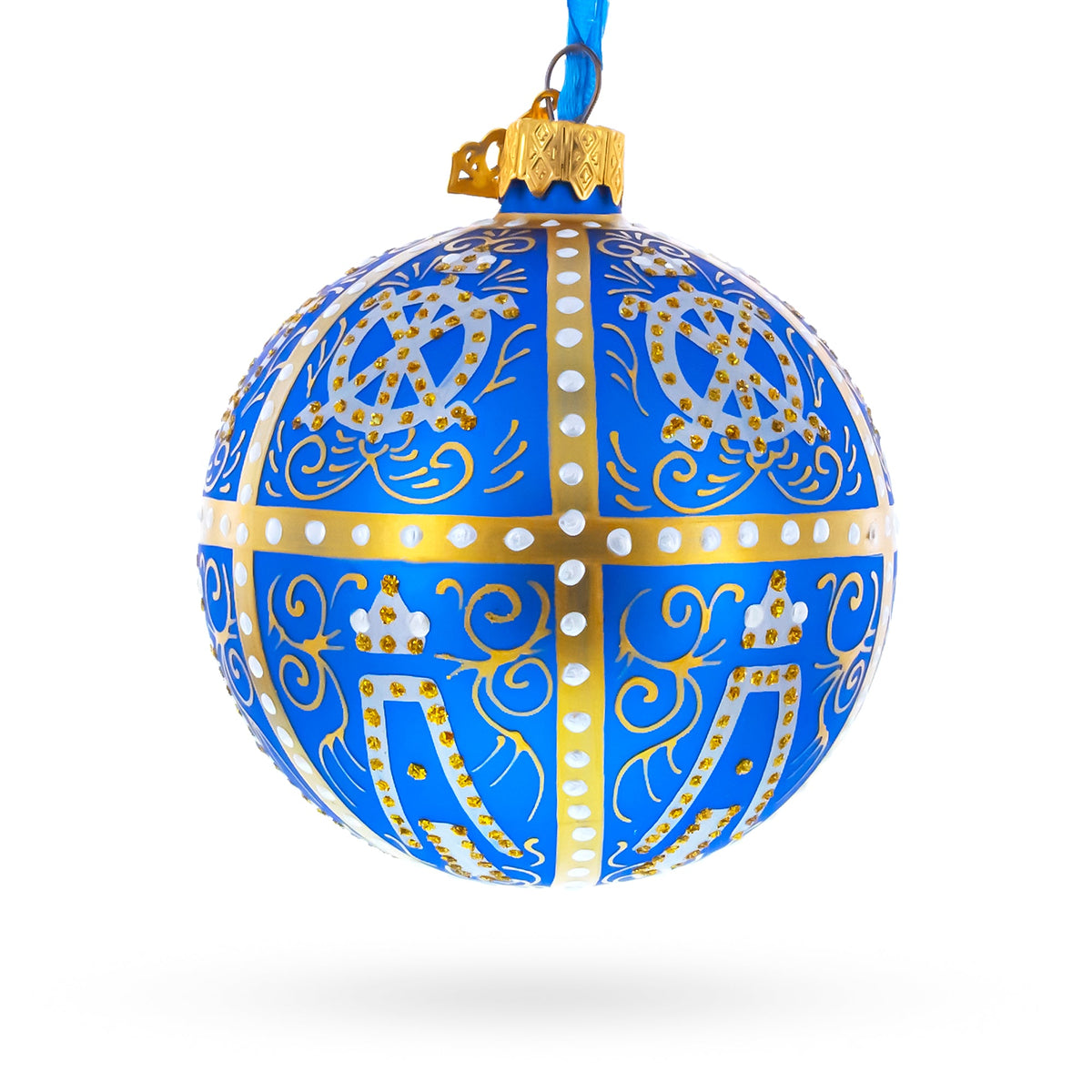 1896 Twelve Monograms Royal Blue Glass Ball Christmas Ornament 3.25 Inches