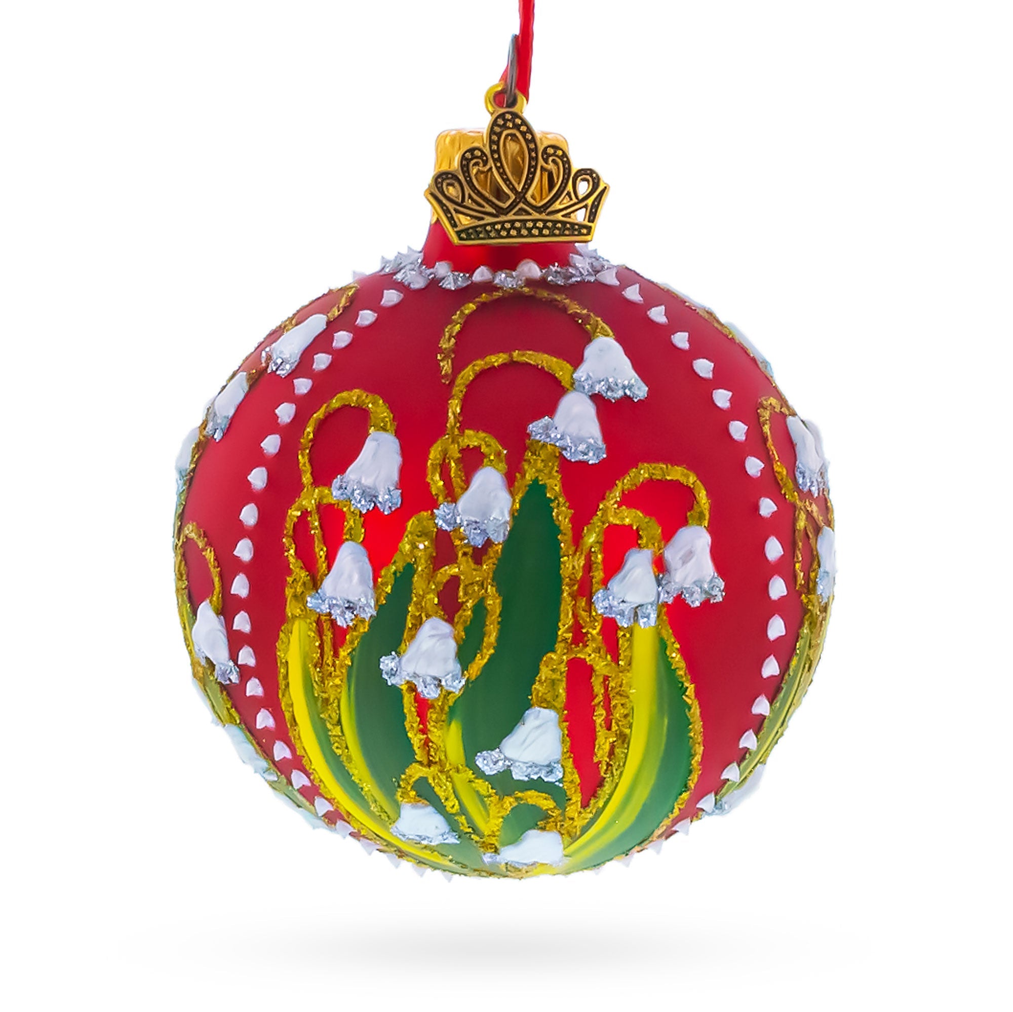 The 1898 Lilies of the Valley Royal Glass Ball Christmas Ornament, 2.4 inches, is a round red glass bauble with a gold crown top, hand-painted floral patterns in green, yellow, and white—a luxurious addition to any tree.