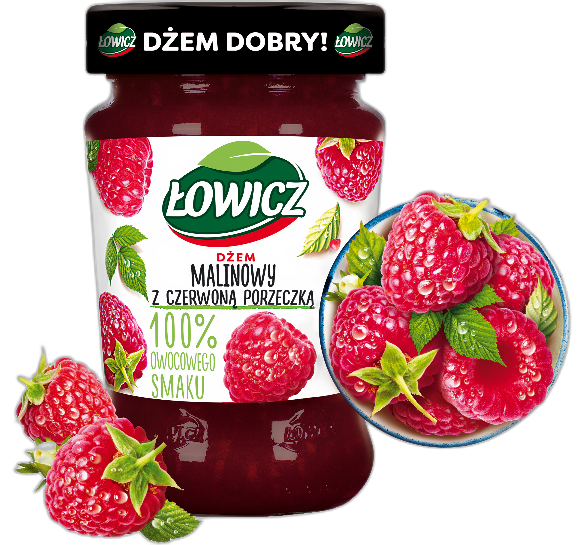 A 280g jar of Lowicz Jam Raspberry - Redcurrant (Malina Z Czerwona Porzeczka) features a colorful label with raspberries and redcurrants, representing this classic Polish preserve from the renowned Łowicz fruit range.