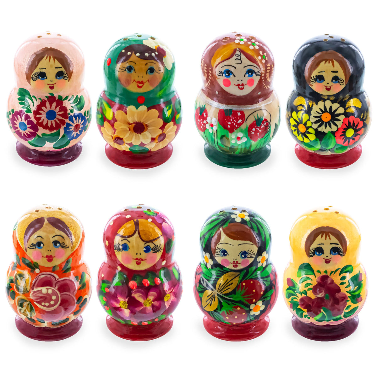 Two red nesting doll salt and pepper shakers, each with assorted hand-painted designs (styles may vary), are displayed against a white background.