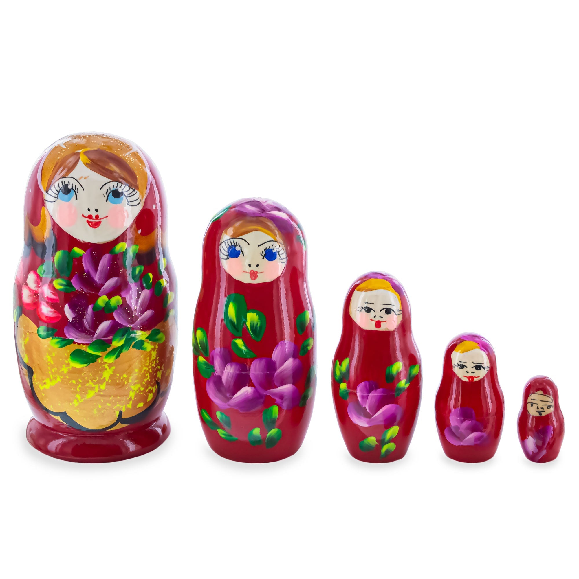 Five charming Red Color with Purple and Orange Flowers Wooden Nesting Dolls, each smaller than the last, are arranged in a line. All dolls have painted faces and red clothing decorated with floral patterns.