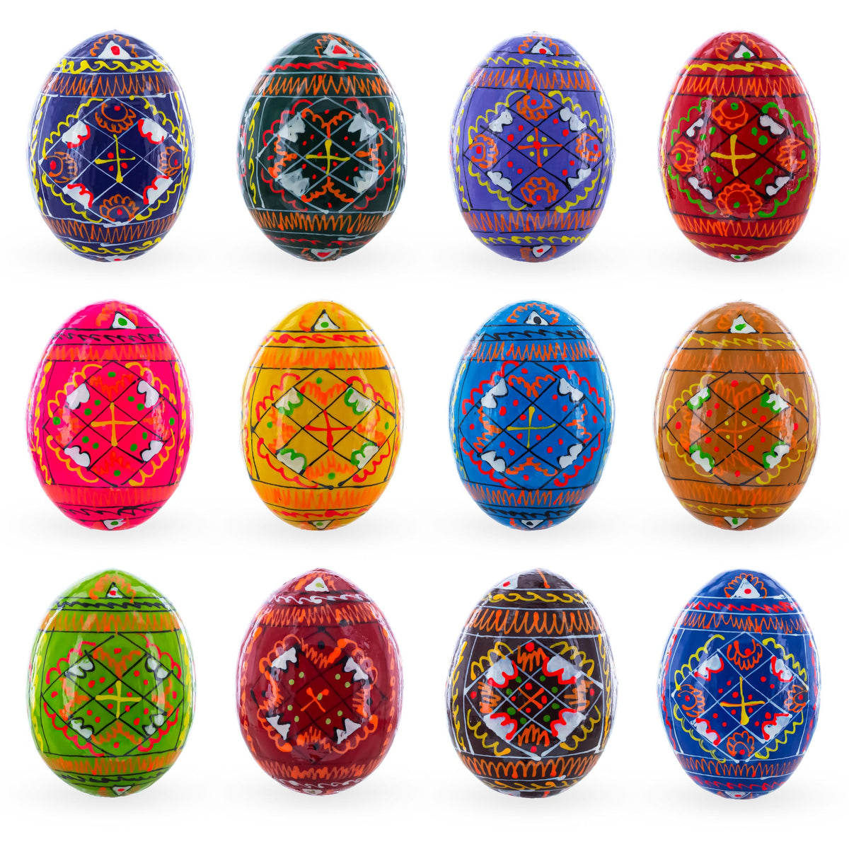 The Set of 12 Handcrafted Geometric Ukrainian Pysanky Wooden Easter Eggs (2.5 Inches) features eggs arranged in three rows, each decorated with intricate geometric and floral patterns inspired by traditional designs.